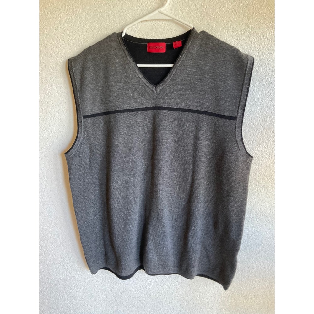Reunion Mens XL Gray V-Neck Sweater Vest Black Stripe Cotton Blend Knit